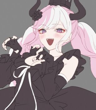 1girl black_dress black_flower black_gloves black_horns black_nails blush breasts cleavage commentary_request crown detached_sleeves dress eyelashes flower gloves grey_background hair_flower hair_ornament highres horns io_(sinking=carousel) long_hair master_detective_archives:_rain_code mini_crown open_mouth pink_hair purple_eyes ribbon shinigami_(rain_code) simple_background sleeveless sleeveless_dress solo upper_body white_hair white_ribbon