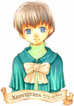 1boy 2002 aqua_capelet artist_name bad_id billy_lee_black blue_eyes bow capelet character_name chest_bow closed_mouth commentary_request copyright_name grey_hair lowres male_focus saikachi_(ogre_tree) short_hair simple_background smile solo turtleneck upper_body white_background white_bow xenogears