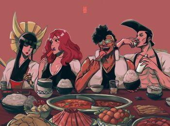 Rule 34 | 2boys, 2girls, black eyes, black hair, black kimono, bleach, bleach: sennen kessen-hen, bowl, breasts, chopsticks, cleavage, commentary, cup, dark-skinned male, dark skin, drinking, eating, food, food request, haori, hashtag-only commentary, hikifune kirio, holding, holding bowl, holding chopsticks, japanese clothes, kimono, kirinji tenjirou, large breasts, long hair, looking at another, meat, moonymiw, multiple boys, multiple girls, nimaiya ouetsu, pompadour, red background, red eyes, red hair, rice, short hair, short hair with long locks, shutara senjumaru, sidelocks, sunglasses, sushi, symbol-only commentary, taichou haori, teeth, tempura, upper body