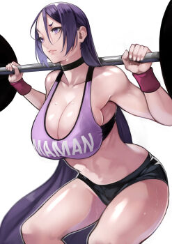 1girl alternate_costume barbell bare_shoulders breasts choker cleavage collarbone exercising fate/grand_order fate_(series) female_focus hair_between_eyes highres huge_breasts large_breasts long_hair midriff minamoto_no_raikou_(fate) muscular muscular_female parted_bangs purple_hair shorts skindentation solo squatting sweat tank_top thighs very_long_hair weightlifting wristband yoshio_(55level)