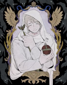 1boy arched_crown artist_name axis_powers_hetalia bird_wings black_border blush border cape closed_eyes closed_mouth cross crown feathered_wings fingernails grey_hair hands_up hashtag-only_commentary highres holding holding_crown holding_staff hood hooded_cape long_sleeves male_focus outside_border purple_background qia_li russia_(hetalia) scar shirt short_hair simple_background smile solo staff upper_body weeds white_cape white_shirt wide_sleeves wings