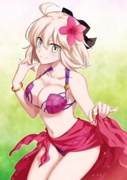 Rule 34 | 1girl, ahoge, bikini, blonde hair, bow, breasts, cleavage, clothes lift, cosplay, fate/grand order, fate (series), female focus, flower, hair bow, hair flower, hair ornament, hibiscus, large breasts, lifting own clothes, navel, nina (pastime), okita souji, okita souji (fate), okita souji (koha-ace), pink bikini, sarong, scathach (fate), scathach (fate/grand order), scathach (swimsuit assassin) (fate), scathach (swimsuit assassin) (fate) (cosplay), short hair, skirt, skirt lift, smile, solo, sparkle, swimsuit, yellow eyes