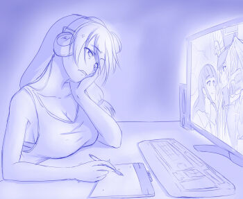 Rule 34 | 3girls, 4chan, altair (re:creators), anger vein, blunt bangs, breasts, cleavage, computer keyboard, drawing tablet, eye contact, hand on own cheek, hand on own face, hat, head rest, headphones, highres, large breasts, long hair, looking at another, military, military uniform, monitor, multiple girls, profile, re:creators, shako cap, shimazaki setsuna, stylus, tank top, trembling, viperxtr, wacom