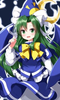 1girl :d blue_hat blue_shirt blue_skirt blue_wings blush bow bowtie commentary_request crescent eyes_visible_through_hair frilled_shirt frills ghost_tail green_eyes green_hair hair_intakes hand_up hat highres holding holding_staff layered_sleeves long_hair long_sleeves looking_at_viewer mima_(touhou) open_mouth ribbon ruu_(tksymkw) shirt short_over_long_sleeves short_sleeves skirt smile solo staff touhou touhou_(pc-98) white_ribbon white_shirt wings wizard_hat yellow_bow yellow_bowtie
