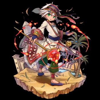 1boy black_background blue_sash blush building choker fez_(merc_storia) fire flaming_weapon full_body gloves green_eyes green_pants hair_between_eyes headband highres holding holding_staff long_sleeves looking_at_viewer looking_back male_focus merc_storia merc_storia_art_team official_art open_hand palm_tree pants parted_lips purple_shoes robe sash shirt shoes short_hair simple_background solo staff standing tachi-e tree water weapon white_hair white_shirt wide_sleeves