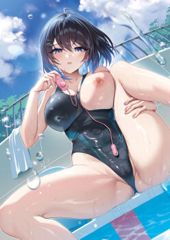1girl ahoge bare_shoulders black_hair black_one-piece_swimsuit blue_eyes blue_sky blush breasts cameltoe cloud collarbone covered_erect_nipples covered_navel day egg_vibrator eyelashes fence gomashio_ponz groin hair_between_eyes hair_ornament hairclip half-closed_eyes hand_up head_tilt highleg highleg_one-piece_swimsuit highres holding knee-up large_breasts long_hair looking_at_viewer nipples one-piece_swimsuit original outdoors parted_lips pool poolside school_swimsuit sex_toy shiny_skin shiny_swimsuit short_hair sitting sky solo spread_legs swimsuit thighs tree vibrator water water_drop wet wet_clothes wet_swimsuit