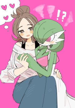 !? 1girl @_@ blush brown_eyes brown_hair colored_skin dress gardevoir gen_3_pokemon green_skin han0579 harmony_(pokemon) heart highres multicolored_skin nintendo pink_background pink_eyes pokemon pokemon_(creature) pokemon_legends:_z-a speech_bubble thought_bubble two-tone_skin white_dress white_skin