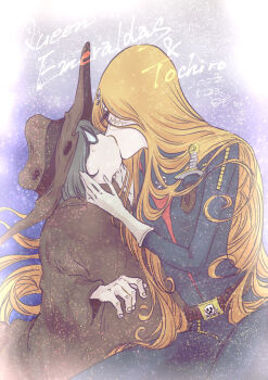 Rule 34 | 2022, belt, belt buckle, blue bodysuit, blush, bodysuit, brown hat, buckle, character signature, closed eyes, cowboy hat, emeraldas, ginga tetsudou 999, glasses, gloves, hair flowing over, hair ornament, half gloves, hand up, hands on another's face, harlock saga, hat, jolly roger, kiss, knife, knife sheath, leaning forward, leaning on person, light blush, long hair, matsu0720, ooyama toshiro, orange hair, pirate costume, queen emeraldas, round eyewear, scar, scar on face, sheath, short male, signature, skull, skull and crossbones, skull belt, skull hair ornament, skull print, sparkle, sparkle background, surprised, tall female, uchuu kaizoku captain harlock, very long hair, white gloves, wide brim