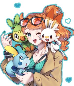 1girl aqua_eyes aqua_nails aqua_shirt between_breasts black-framed_eyewear blue_skin breasts brown_coat chameleon cleavage coat collarbone colored_skin eyewear_on_head gen_8_pokemon green_fur grookey hair_ornament heart heart_hair_ornament holding long_hair medium_breasts monkey naturesminne nintendo one_eye_closed open_mouth orange-tinted_eyewear orange_fur orange_hair pokemon pokemon_(creature) pokemon_swsh rabbit ribbed_shirt scorbunny shirt side_ponytail smile sobble sonia_(pokemon) strap_between_breasts sunglasses swept_bangs tinted_eyewear two-tone_fur upper_body v-neck wavy_hair white_fur