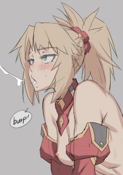 1girl after_fellatio aftersex bad_id bad_pixiv_id bare_shoulders blonde_hair blush braid breasts burp commentary cross-eyed cum cum_in_mouth cum_on_body cum_string dazed detached_sleeves english_text facial fate/apocrypha fate/grand_order fate_(series) female_focus green_eyes hair_ornament hair_scrunchie half_up_braid highres long_hair mikoyan mordred_(fate) mordred_(fate/apocrypha) nipples open_mouth ponytail red_scrunchie scrunchie simple_background small_breasts solo upper_body