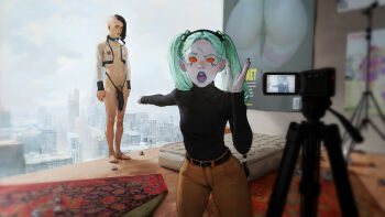 1boy 1girl breasts camera colored_sclera cyberpunk:_edgerunners cyberpunk_(series) diathorn green_hair hair_ornament highres lips lipstick makeup money open_mouth pointing prostitution rebecca_(cyberpunk) recording shirt_tucked_in small_breasts sweater turtleneck turtleneck_sweater twintails
