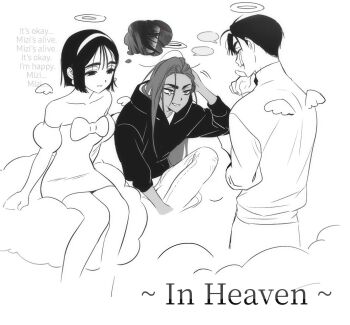 1boy 2girls alien_stage blank_speech_bubble bob_cut bow chest_bow commentary crying dress dress_bow earrings english_text greyscale hairband halo hashtag-only_commentary highres hood hoodie hyuna_(alien_stage) ivan_(alien_stage) jewelry lubya mini_wings monochrome multiple_girls off-shoulder_dress off_shoulder on_cloud pencil_dress scratching_head short_hair sitting speech_bubble streaming_tears sua_(alien_stage) tears turtleneck very_short_hair wings