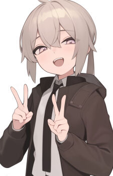 1girl absurdres black_necktie brown_hair brown_jacket collared_shirt commentary_request double_v girls&#039;_frontline highres hood hooded_jacket jacket looking_at_viewer m200_(girls&#039;_frontline) mari0ball necktie open_mouth purple_eyes shirt simple_background smile solo teeth upper_body upper_teeth_only v white_background white_shirt