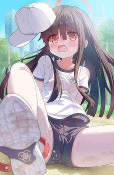 1girl absurdres bandaid baseball_cap black_hair black_shorts blue_archive blush buruma gym_uniform hair_over_eyes halo hat highres justice_task_force_member_(blue_archive) long_bangs long_hair mikumiku37 on_ground open_mouth outdoors red_halo shirt shoe_soles shoes shorts sneakers solo white_shirt white_shoes witch_hat