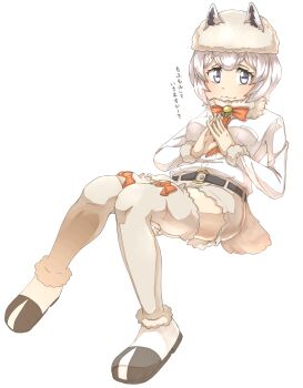 Rule 34 | 10s, 1girl, :3, alpaca ears, alpaca huacaya (kemono friends), alpaca tail, animal ears, belt, bow, bow legwear, bowtie, breast pocket, buttons, closed mouth, commentary request, ears through headwear, female focus, full body, fur-trimmed legwear, fur-trimmed sleeves, fur collar, fur hat, fur trim, hands up, hat, highres, horizontal pupils, interlocked fingers, kemono friends, knees together feet apart, leaning back, leggings, long sleeves, looking at viewer, own hands together, pocket, purple eyes, red bow, shirt, shoes, shorts, simple background, sitting, smile, solo, tail, thighhighs, thin (suzuneya), translation request, white background, white hair, white shirt