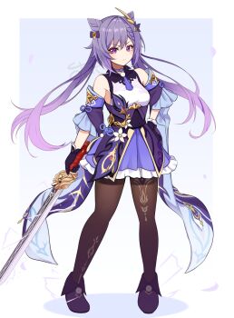 1girl bare_shoulders black_pantyhose border breasts choker closed_mouth commentary_request cone_hair_bun detached_sleeves double_bun dress electricity electrokinesis frown full_body genshin_impact gloves gradient_background hair_bun hair_ornament hand_on_own_hip highres holding holding_sword holding_weapon keqing_(genshin_impact) lion's_roar_(genshin_impact) long_hair looking_at_viewer medium_breasts outside_border pantyhose purple_choker purple_dress purple_eyes purple_hair purple_shoes qixi_cui_xing shoes simple_background solo sword tassel_choker twintails weapon white_border