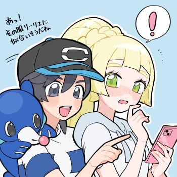 ! 1boy 1girl :d aria_pkmn black_hair black_hat blonde_hair blue_background blush commentary_request elio_(pokemon) eyelashes gen_7_pokemon green_eyes grey_eyes hands_up hat highres holding holding_phone lillie_(pokemon) long_hair medium_hair nintendo on_shoulder open_mouth outline phone pointing pokemon pokemon_(creature) pokemon_on_shoulder pokemon_sm popplio shirt short_sleeves smile spoken_exclamation_mark striped_clothes striped_shirt teeth translation_request upper_teeth_only white_shirt