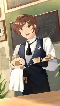 1girl :d absurdres artist_name black_gloves black_necktie black_pants black_vest commentary doll english_commentary gloves highres holding holding_tray indoors long_sleeves looking_at_viewer medium_hair necktie nikkiartchives open_mouth pants ponytail rosa_(tears_of_themis) shirt short_ponytail smile solo tears_of_themis tray vest white_shirt