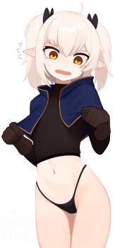 1girl ahoge art_trade black_bow black_panties black_shirt blue_capelet borrowed_character bow capelet commentary cowboy_shot elf english_commentary fang flying_sweatdrops gloves hair_between_eyes hair_bow highleg highleg_panties highres kura-tan_(mikoscrub) medium_hair navel no_pants open_mouth orange_eyes original panties pointy_ears shirt simple_background skin_fang solo twintails underwear white_background white_hair yoako