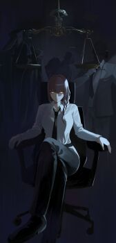 1girl 3boys absurdres angel_devil_(chainsaw_man) arm_rest armchair balance_scale black_necktie black_pants black_shoes braid braided_ponytail breasts chainsaw_man chair choppy_bangs closed_mouth collared_shirt commentary english_commentary expressionless formal_clothes gun_fiend_(chainsaw_man) hair_between_eyes hair_over_shoulder highres katana_man_(chainsaw_man) long_hair long_sleeves looking_at_viewer makima_(chainsaw_man) medium_breasts multiple_boys necktie on_chair oro_(lsg0624) pants red_hair ringed_eyes shirt shoes sitting solo_focus weighing_scale white_shirt yellow_eyes