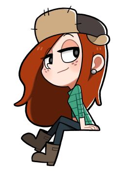 1girl absurdres arm_support black_eyes boots breasts brown_boots chibi closed_mouth collared_shirt crossed_legs earrings freckles from_side full_body fur_hat gravity_falls green_shirt half-closed_eyes hat highres invisible_chair jewelry light_smile long_hair long_sleeves looking_to_the_side medium_breasts n_k_m orange_hair pants plaid_clothes plaid_shirt shirt sitting solo ushanka wendy_corduroy white_background