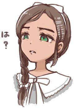1girl aonuma_neiru bow_hairband braid brown_hair child clenched_teeth commentary contrast_collar disgust green_eyes grey_shirt hairband long_hair mizuki_maya neck_ribbon ribbon shirt side_braid single_braid solo teeth white_hairband white_ribbon wonder_egg_priority