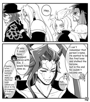 5boys ahoge ardyn_izunia armor beard_stubble biting_own_lip black_gloves black_hair black_hat black_jacket border chibi chibi_inset closed_eyes closed_mouth commentary crying english_commentary english_text facial_hair facial_mark feather_hair_ornament feathers final_fantasy final_fantasy_ix final_fantasy_vii final_fantasy_x final_fantasy_xv furrowed_brow gloves gossip greyscale hair_between_eyes hair_ornament hat headband highres holding holding_phone jacket jecht jewelry kuja long_hair looking_at_another looking_at_phone male_focus medium_hair monochrome multiple_boys necklace parted_bangs pauldrons phone scar scar_on_face sephiroth seymour_guado shikiwo shoulder_armor single_pauldron smile stubble tears twintails upper_body veiny_face whistling white_background white_border white_hair