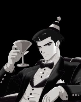 Rule 34 | 1boy, black background, bow, bowtie, buttons, cocktail glass, commentary request, cup, drinking glass, french commentary, greyscale, hat, highres, holding, holding cup, long sleeves, looking at viewer, male focus, megadeus mommy, monochrome, party hat, roger smith, short hair, sideburns, simple background, sitting, solo, the big o, toasting (gesture), upper body