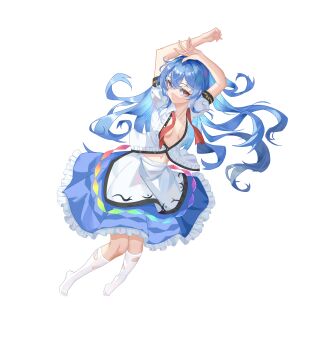 1girl absurdres apron arms_up blue_hair blue_skirt breasts chinese_commentary closed_mouth commentary_request frilled_skirt frills full_body highres hinanawi_tenshi knees long_hair looking_up midriff_peek navel neck_ribbon no_headwear open_clothes open_shirt puffy_short_sleeves puffy_sleeves rainbow_gradient red_eyes red_ribbon ribbon shirt short_sleeves simple_background skirt small_breasts solo thighhighs touhou undone_neck_ribbon user_wxvm2552 white_apron white_background white_shirt white_thighhighs