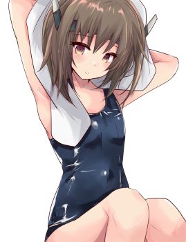 1girl absurdres blush bread brown_eyes brown_hair commentary_request food headband headgear highres hirune_(konekonelkk) kantai_collection looking_at_viewer school_swimsuit short_hair sitting solo swimsuit taihou_(kancolle) towel towel_on_head