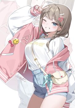 1girl bag blue_eyes blue_shorts braid breasts brown_hair clothes_writing commentary dated high-waist_shorts highres ika_(4801055) jacket letterman_jacket logo looking_at_viewer medium_breasts messenger_bag one_eye_closed original ribbon shirt short_hair short_shorts shorts shoulder_bag side_braid signature solo symbol-only_commentary v white_shirt zoom_layer