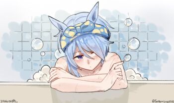 Rule 34 | 1girl, animal ears, bath, bathing, bathtub, blue bow, blue eyes, blue hair, blue headband, blush, bow, bubble bath, collarbone, commentary request, crossed arms, hair between eyes, headband, highres, horse ears, horse girl, in bathtub, k.s.miracle (umamusume), looking at viewer, nude, one eye closed, saramiao-chan, short hair, soap bubbles, tile wall, tiles, umamusume, upper body, wet