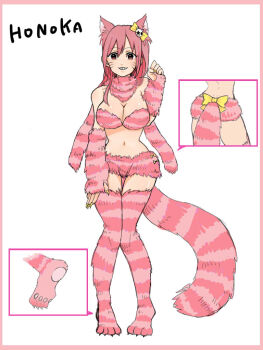 1girl animal_ears breasts cat_ears reference_sheet cheshire_cat_(cosplay) cosplay dead_or_alive female_focus fingerless_gloves full_body gloves hachuurui honoka_(doa) nail_polish navel pink_eyes pink_hair ribbon sharp_nails shorts simple_background smile solo tail thighhighs white_background zettai_ryouiki