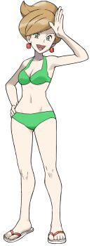 1girl professor_juniper bikini breasts brown_hair cleavage earrings flip-flops gluteal_fold green_bikini green_eyes hand_on_own_hip highres jewelry legs mature_female navel nintendo official_art open_mouth pokemon pokemon_bw quangpham1982 sandals smile swimsuit thighs third-party_edit toes