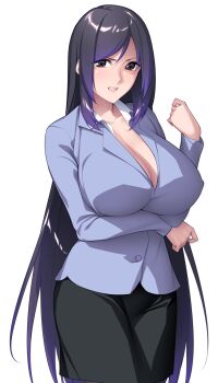 1girl arm_under_breasts black_hair black_skirt blue_jacket breasts brown_eyes casual cleavage clenched_teeth collarbone cowboy_shot formal_clothes game_cg gradient_hair highres huge_breasts jacket large_variant_set long_hair long_sleeves looking_at_viewer mature_female multicolored_hair nanao_(mahaya) non-web_source ochite_iku_seisenshi_lunatic_angels office_lady official_art pantyhose pencil_skirt purple_hair shindou_shizuka_(lunatic_angels) shirt simple_background skirt skirt_suit solo standing suit teacher teeth transparent_background variant_set very_long_hair