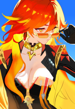 1girl biker_clothes bikesuit black_bodysuit bodysuit breasts cleavage commentary_request earrings fanrai genshin_impact gloves hair_between_eyes highres jewelry long_hair mavuika_(genshin_impact) multicolored_hair orange_eyes orange_hair orange_pupils red_hair simple_background sun_earrings sunglasses symbol_in_eye zipper