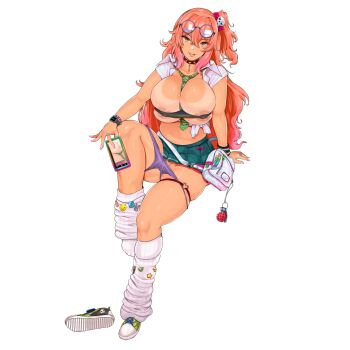 1girl 41_(taskmaster41) amesuku_gyaru areola_slip badge bag bead_bracelet beads between_breasts bow bra bracelet breasts bullet_necklace button_badge cellphone character_name cleavage collar collarbone collared_shirt covered_erect_nipples explosive eyewear_on_head full_body glasses green_bra green_necktie green_shoes green_skirt grenade gyaru hair_between_eyes hair_bow hair_ornament heart_ring_strap highres holding holding_phone jewelry kogal large_breasts last_origin leg_warmers long_hair looking_at_viewer microskirt multiple_bracelets multiple_rings nail_polish navel necktie necktie_between_breasts non-web_source official_alternate_costume official_art open_clothes open_shirt orange_eyes orange_hair panties panty_pull phone pink_bow pink_nails pleated_skirt plump ponytail purple_panties red_collar ribbed_leg_warmers ring round_eyewear school_uniform shirt shoes short_ponytail shoulder_bag side_ponytail simple_background single_shoe sitting skirt skull_hair_ornament sleeveless sleeveless_shirt smartphone smile smiley_face sneakers solo spriggan_(last_origin) striped_necktie tan tanline thick_thighs thigh_strap thighs tied_shirt tongue tongue_out transparent_background underwear unworn_shoes watch white_bag white_leg_warmers white_shirt