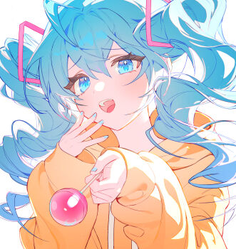 1girl aqua_nails blue_eyes blue_hair blue_nails candy drawstring drill_hair flat_fish990 food hair_between_eyes hatsune_miku highres holding holding_candy holding_food holding_lollipop hood hood_down hoodie incoming_food lollipop long_hair long_sleeves looking_at_viewer nail_polish open_mouth orange_hoodie simple_background solo teeth twintails upper_body vocaloid white_background