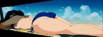 1girl anime_screenshot ass beach bikini black_hair blue_bikini breasts cloud lying nishijima_katsuhiko open_clothes sakura_(urusei_yatsura) side-tie_bikini_bottom sleeping solo swimsuit towel untied_bikini urusei_yatsura