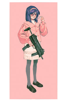 1boy black_pantyhose bob_cut commentary crossdressing dress full_body glasses gun gundam gundam_00 h&amp;k_mp7 hairband highres holding holding_gun holding_weapon huangdanlan long_sleeves male_focus pantyhose pillarboxed pink_background pink_hairband pink_sweater purple_hair removing_eyewear solo standing submachine_gun sweater tieria_erde trap weapon white_dress
