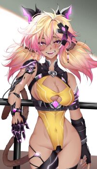absurdres animal_ears bare_hips blonde_hair breasts cleavage cleavage_cutout clothing_cutout cyborg dark-skinned_female dark_skin demise_(official_makuu) fingerless_gloves gloves highres indie_virtual_youtuber koko_d._nuts large_breasts leotard mechanical_arms messy_hair mole mole_on_breast monkey_ears monkey_girl monkey_tail open_mouth pink_eyes pink_hair railing scar scar_across_eye scar_on_face tail thighhighs thighs twintails virtual_youtuber yellow_leotard
