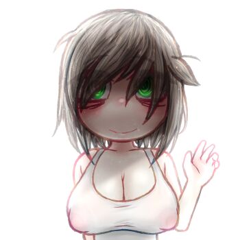 1girl absurdres breasts camisole cleavage closed_mouth covered_erect_nipples green_eyes grey_hair hair_over_eyes hand_up highres huge_breasts looking_at_viewer mentha_(menthalovely) mint_(menthalovely) nervous_smile original shaded_face short_hair simple_background smile solo straight-on upper_body waving white_background white_camisole