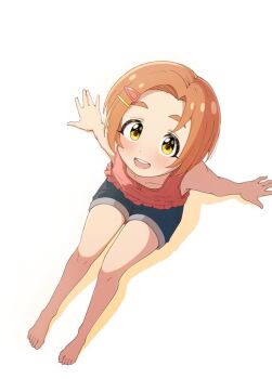 Rule 34 | 1girl, bare arms, bare legs, barefoot, blush, collarbone, denim, denim shorts, forehead, from above, full body, idolmaster, idolmaster cinderella girls, knees up, looking at viewer, luilui 0525, orange hair, pink shirt, ryuzaki kaoru, shirt, short hair, short shorts, shorts, simple background, sitting, sleeveless, sleeveless shirt, smile, solo, teeth, toes, upper teeth only, white background, yellow eyes