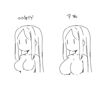 1girl blush breasts commentary_request cropped_torso greyscale large_breasts long_hair miyamegane monochrome multiple_views original parted_bangs very_long_hair white_background |_|