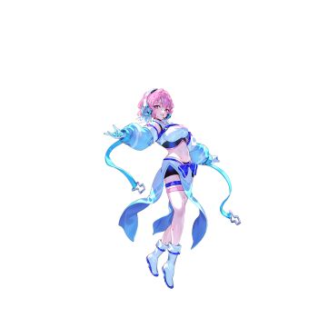 1girl alternate_costume black_shorts blue_gloves boots breasts detached_sleeves fold-over_boots game_asset gloves headphones headset highres large_breasts looking_at_viewer midriff multicolored_gloves navel non-web_source official_art pink_eyes pink_hair saigyouji_yuyuko self-datamine short_hair shorts simple_background solo sweat thigh_strap thighs touhou touhou_gensou_eclipse transparent_background two-tone_gloves u_u_zan white_boots white_gloves