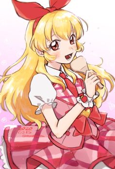 Rule 34 | 1girl, :d, aikatsu!, aikatsu! (series), blonde hair, bow, bow hairband, commentary request, cowboy shot, gradient background, hair bow, hairband, hand up, highres, holding, holding spoon, hoshimiya ichigo, idol clothes, long hair, looking at viewer, miniskirt, open mouth, pink skirt, pink vest, puffy short sleeves, puffy sleeves, red bow, red eyes, red hairband, sakana (skn), shamoji, shirt, short sleeves, skirt, smile, solo, spoon, vest, white shirt, wrist cuffs