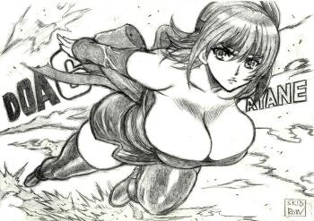 1girl ayane_(doa) breasts character_name copyright_name dead_or_alive dead_or_alive_6 female_focus large_breasts monochrome serious skidrow solo