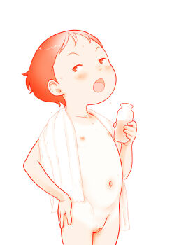 1girl blush bottle cleft_of_venus flat_chest hand_on_own_hip highres holding holding_bottle loli meiken_lassie milk_bottle monochrome navel nipples open_mouth pussy red_theme riarutoruchokku sandy_(meiken_lassie) short_hair solo towel towel_around_neck