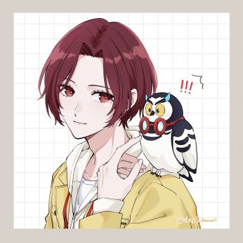 Rule 34 | !, !!, 1boy, animal, animal on shoulder, bird, bird on shoulder, border, brown border, closed mouth, collarbone, commentary request, curtained hair, fingernails, grid background, hand up, highres, hood, hoodie, ikuya kawaii, jacket, kamishiro nagisa, kokatsu academy school uniform, long sleeves, looking at another, lufel (owl) (p5x), lufel (p5x), male focus, owl, persona, persona 5, persona 5: the phantom x, portrait, red eyes, red hair, school uniform, smile, twitter username, white background, white hoodie, yellow jacket