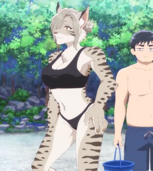1boy 1girl bikini black_bikini black_hair breasts bucket claws cleavage forest furry furry_female hair_bun hair_over_one_eye lake large_breasts legs nature navel smile stitched striped_fur swimsuit thighs third-party_edit topless_male toumei_otoko_to_ningen_onna:_sonouchi_fuufu_ni_naru_futari yellow_eyes